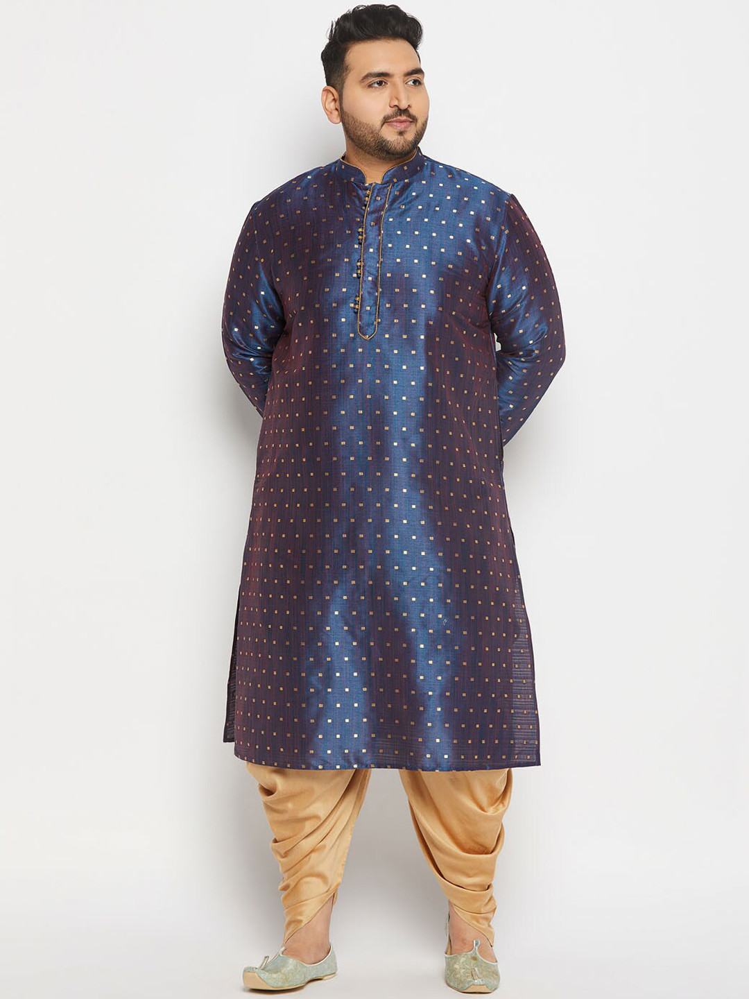 VASTRAMAY Men Plus Size Geometric Woven Design Mandarin Collar Kurta With Dhoti Pants