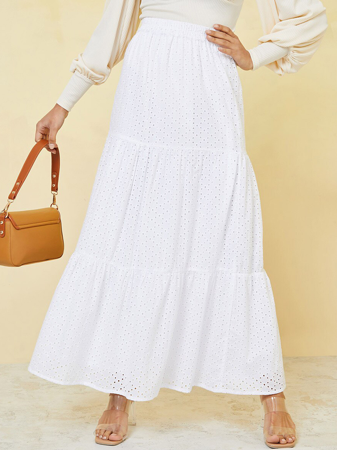 Styli White Self-Design Pure Cotton Schiffli Tiered A-Line Maxi Skirt