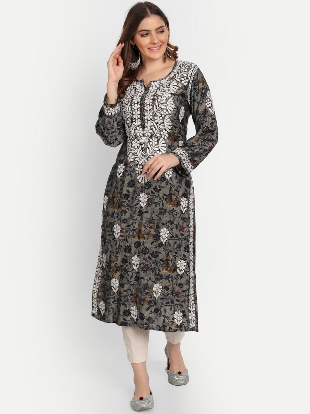 Indiankala4u Floral Printed Chikankari Pure Cotton Kurta