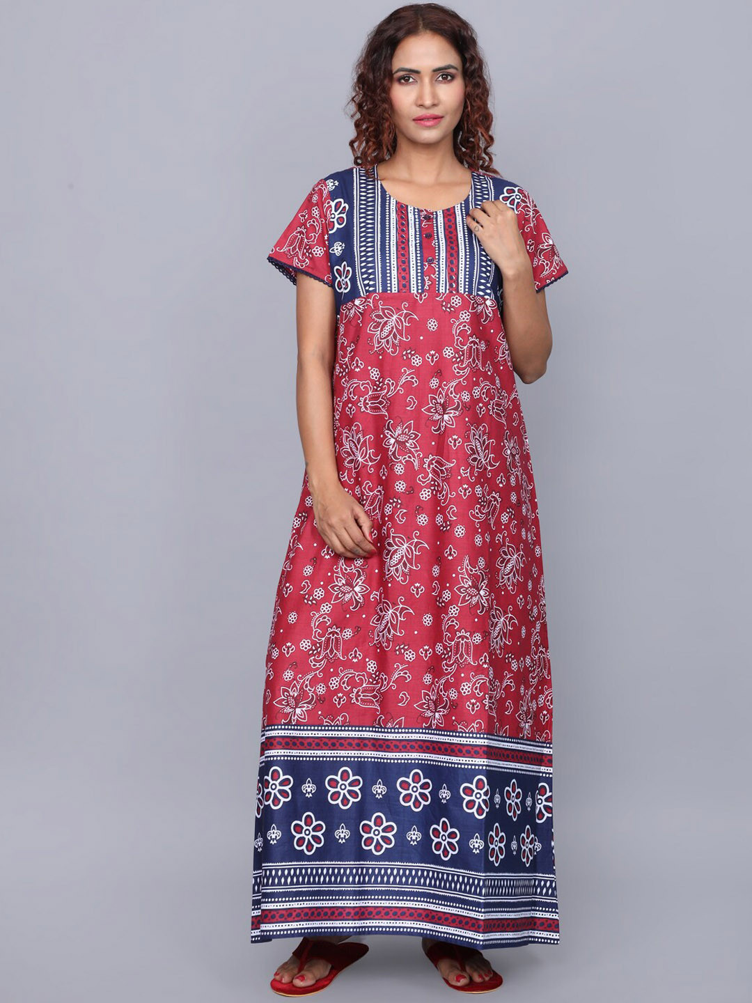 evolove Ethnic Motifs Printed Pure Cotton Maxi Nightdress