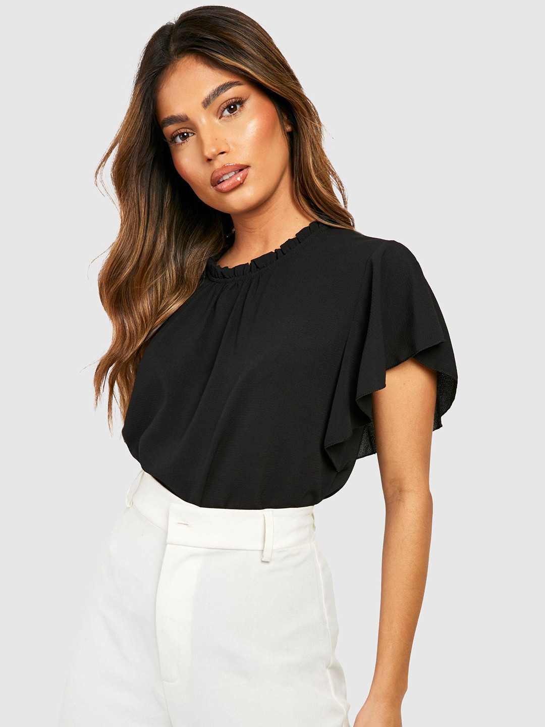 Boohoo Textured Flutter Sleeve Top