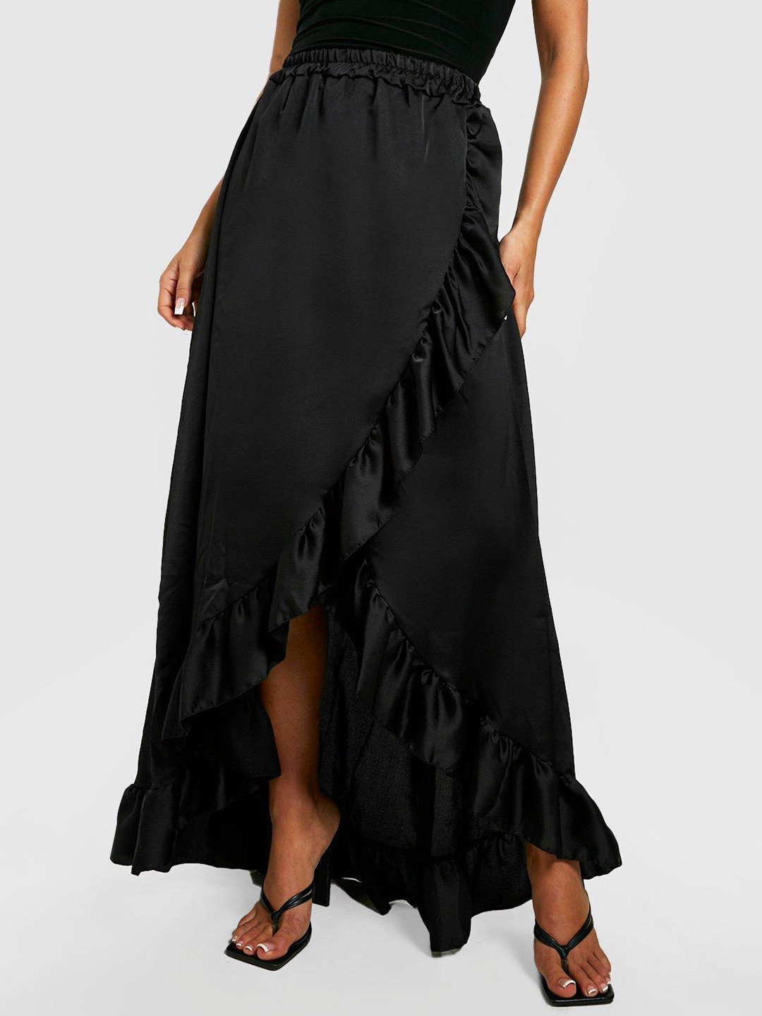 Boohoo Satin Finish Ruffled Hem Wrap Maxi Skirt