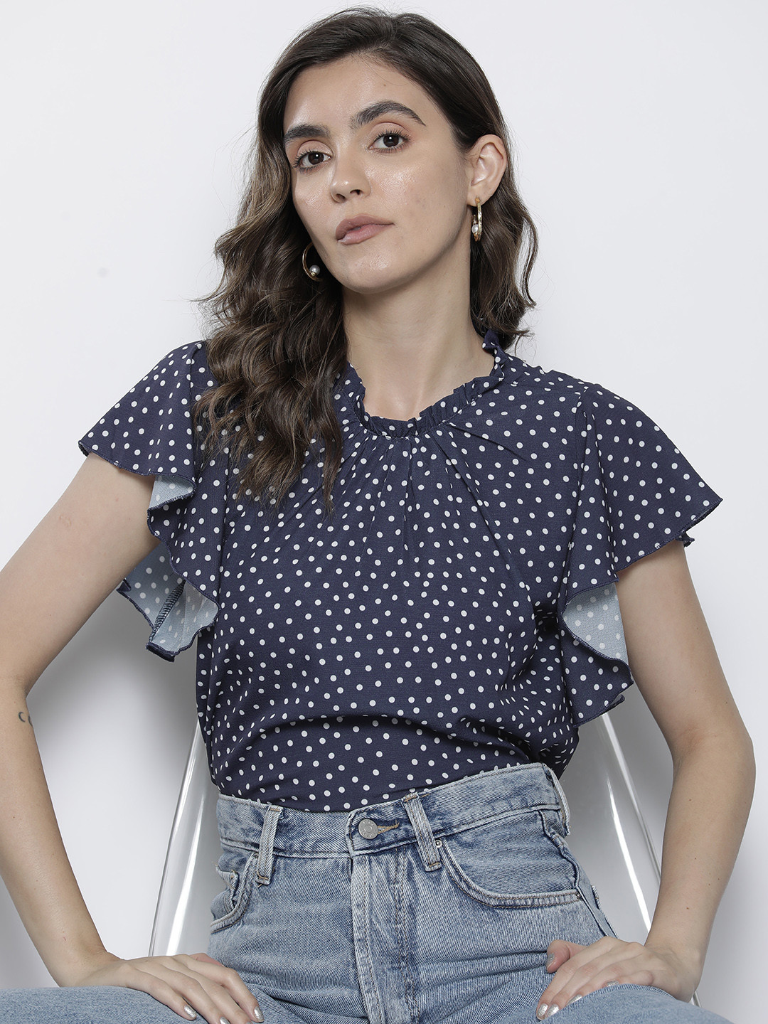 Boohoo Navy Blue & White Polka Dot Print Ruffles Top
