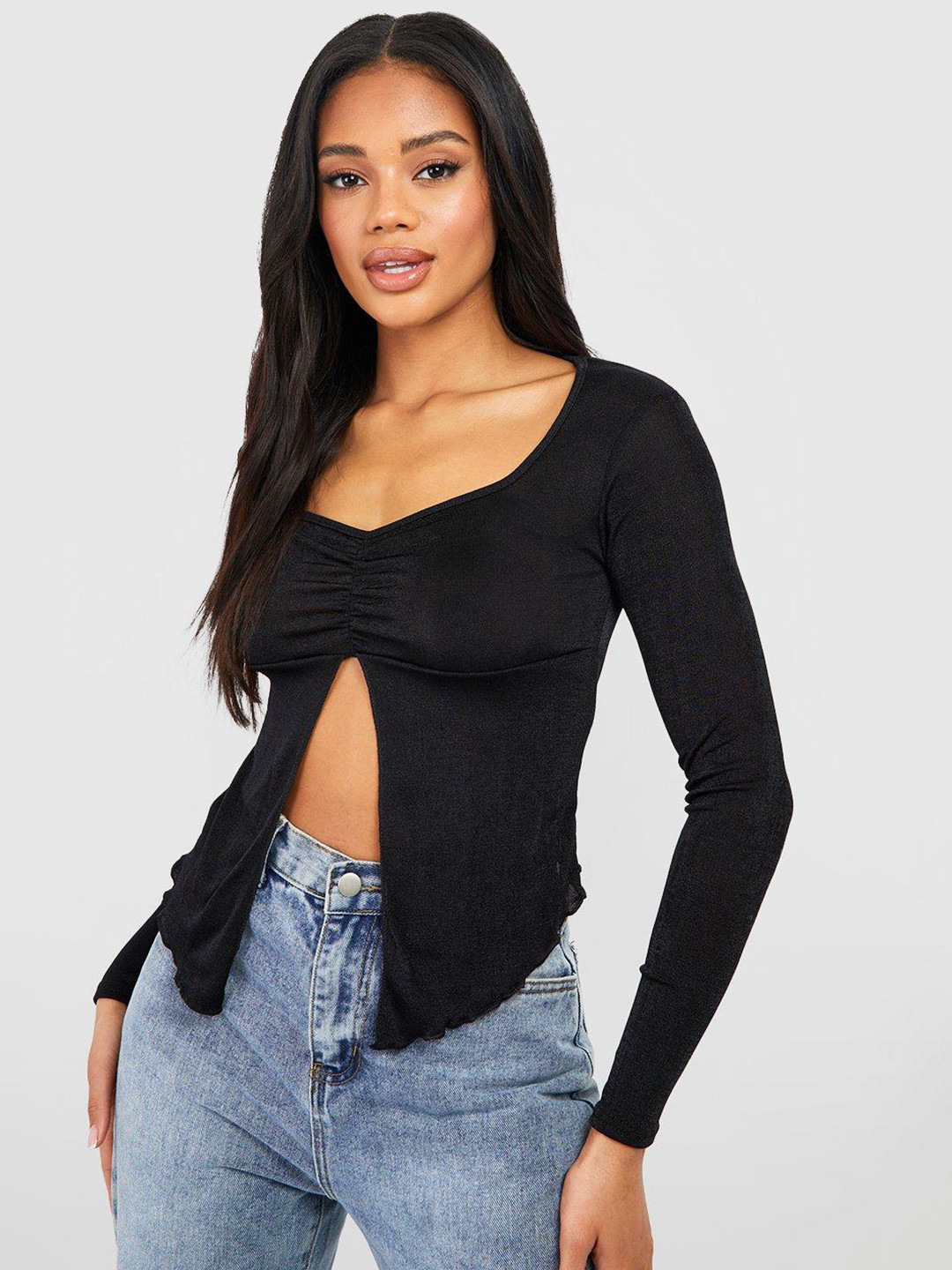 Boohoo Ruched Effect Sweetheart Neck Sheen Party Asymmetric Hem Top