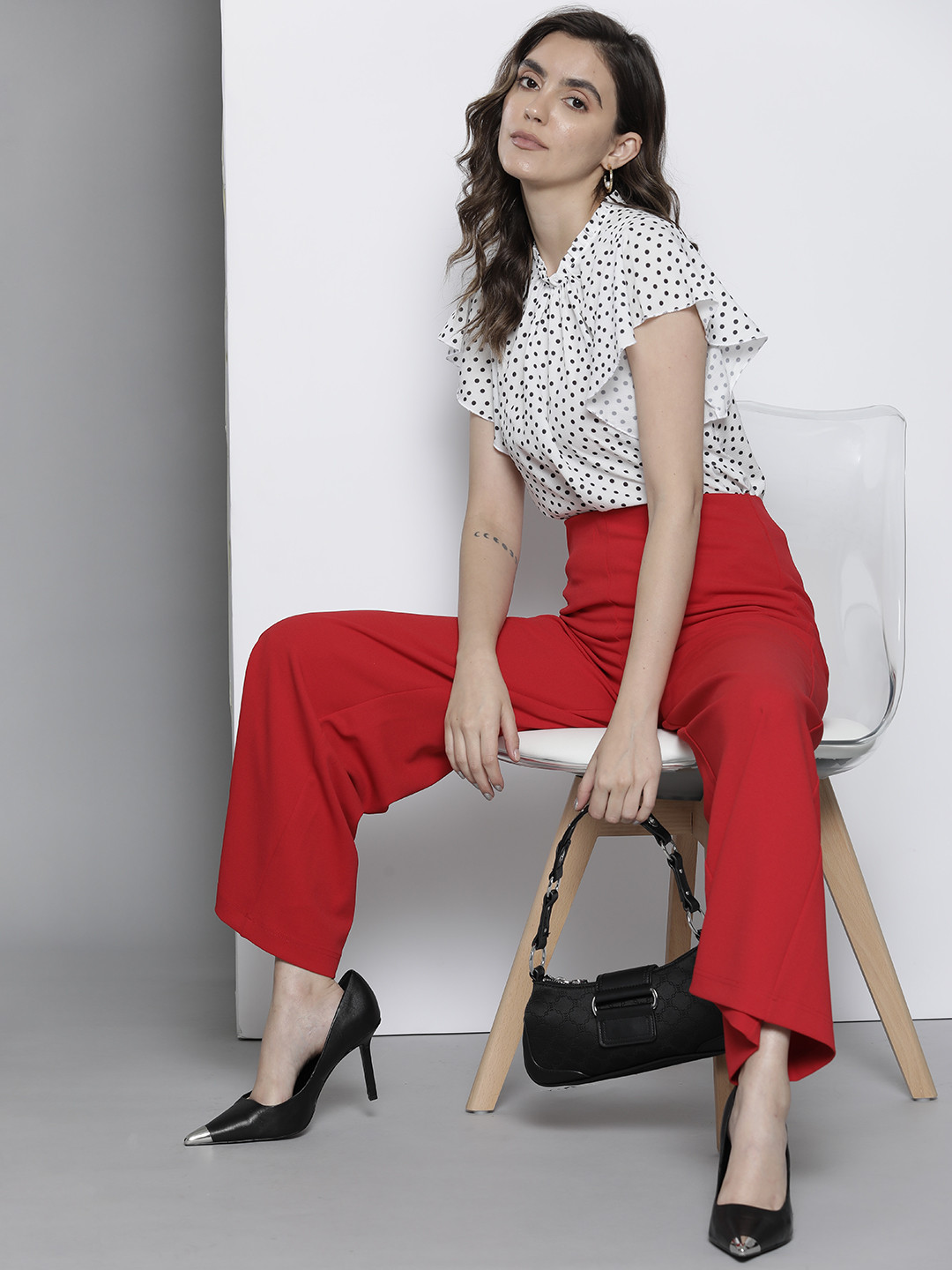 Boohoo White & Black Polka Dot Print Flared Sleeve Ruffles Top