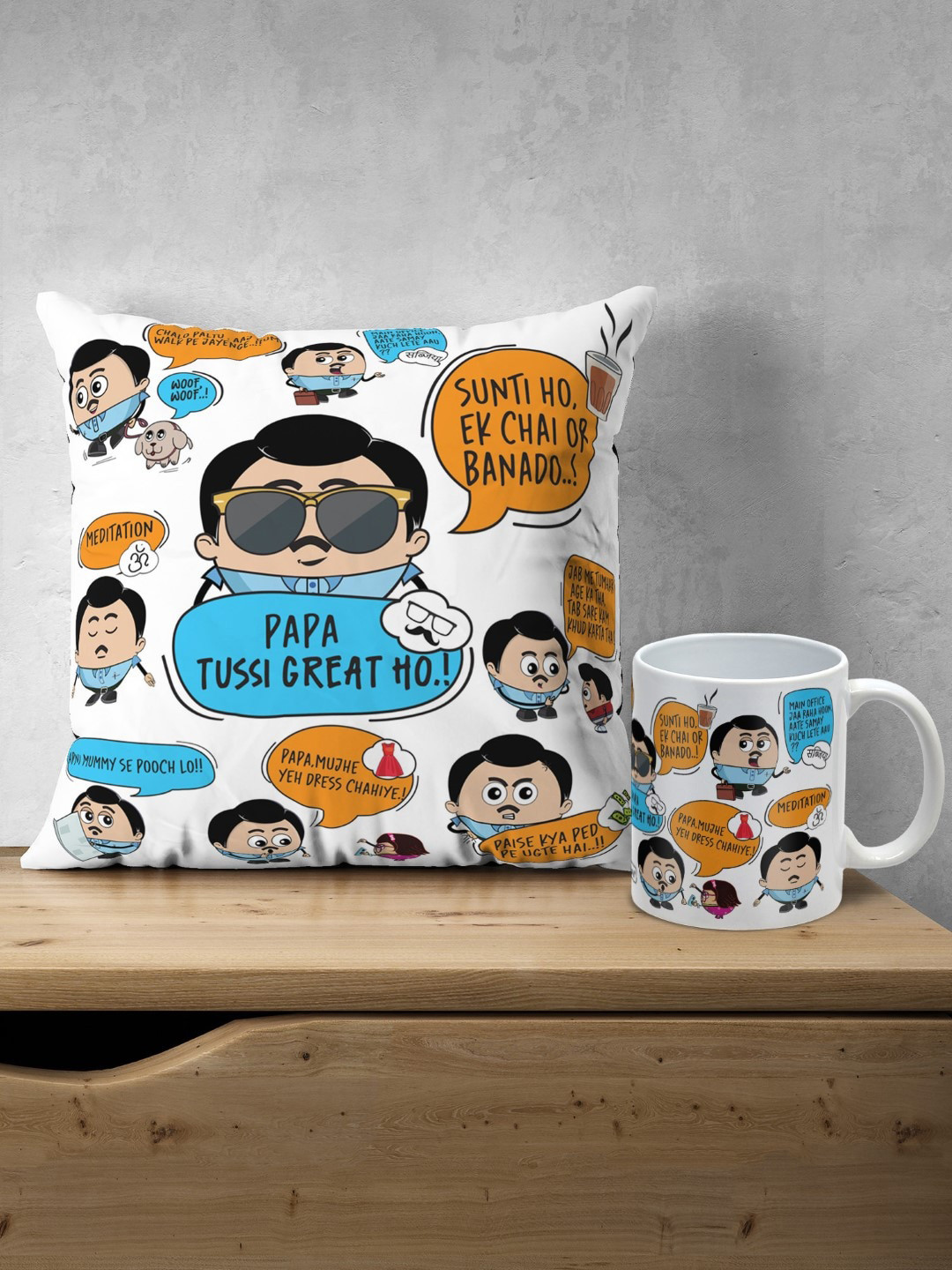 Indigifts Set Of Dad's Dialogues Print Pre-Filled Cushion & Ceramic Coffee Mug
