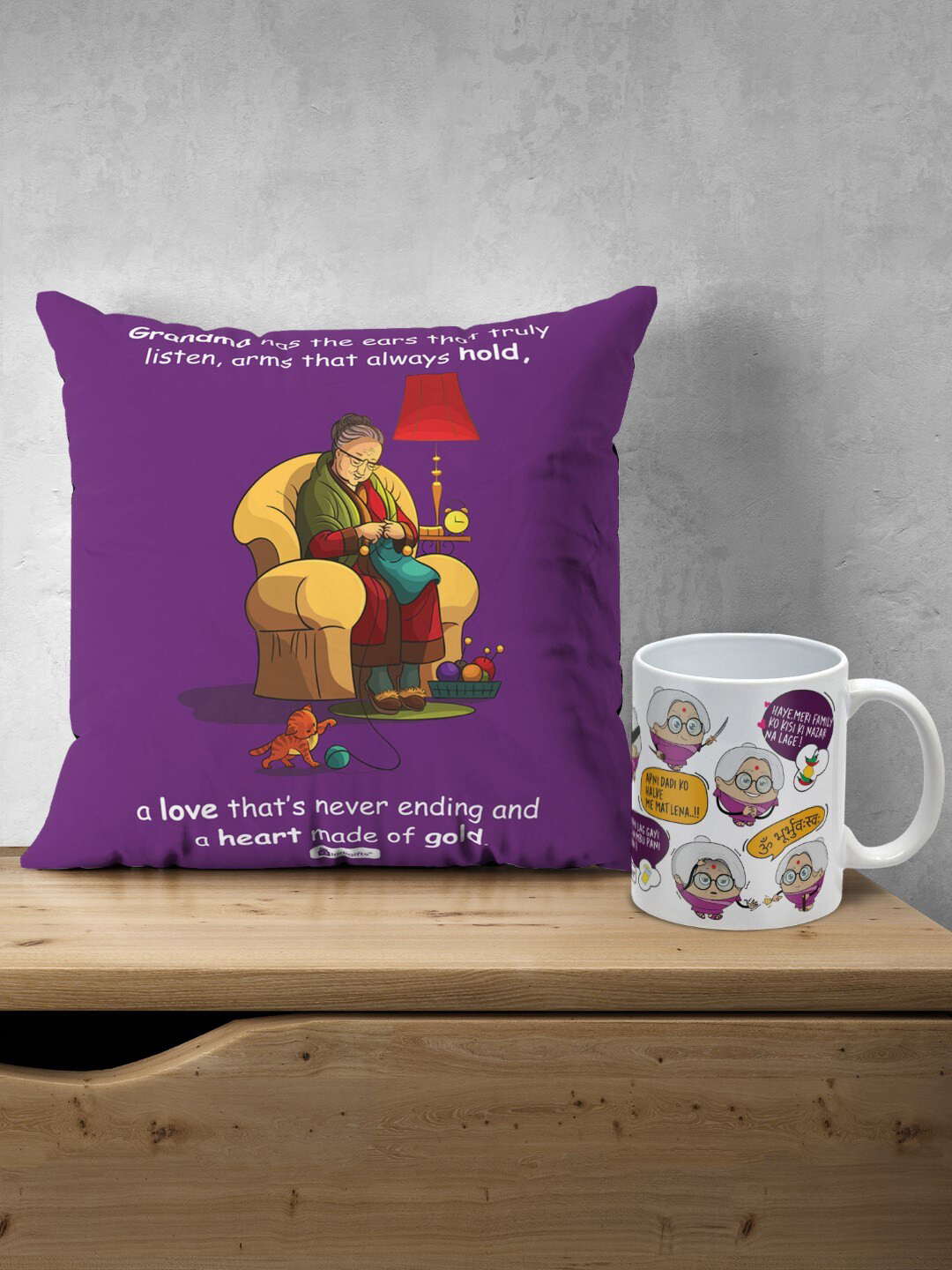 Indigifts Grandma's Quote Printed Pre-Filled Cushion & Dialog Printed Ceramic Coffee Mugs