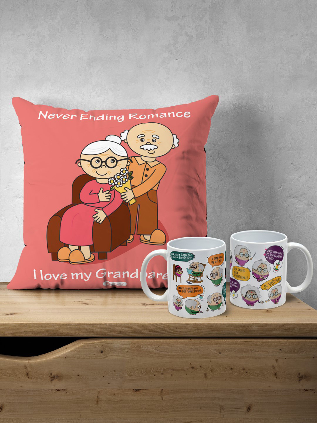 Indigifts Grandparents Never Ending Love Print Pre-Filled Cushion & Set of 2 Coffee Mugs