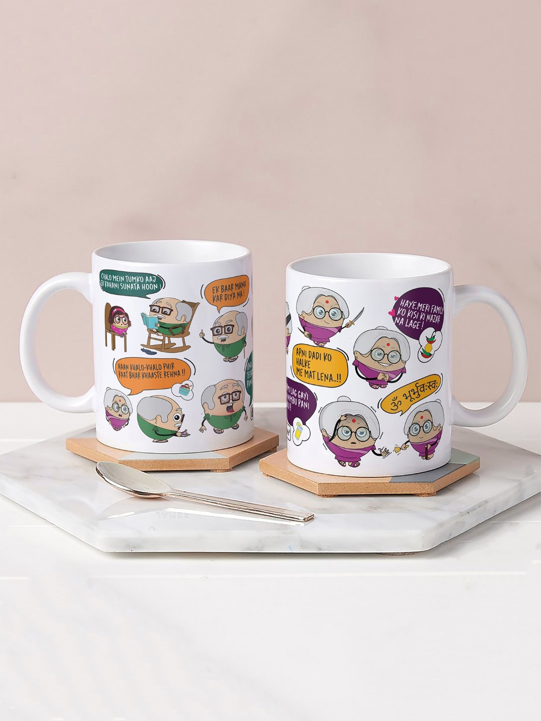 Indigifts Grandpa and Grandma Dialogues Printed Set of Ceramic Coffee Mugs