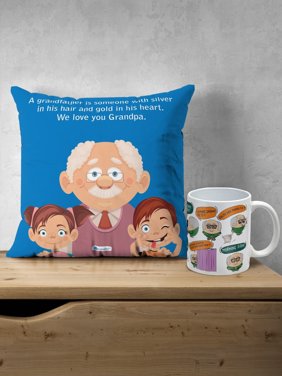 Indigifts Love Grandpa Quote Printed Cushion and Dialogues Printed Ceramic Coffee Mugs