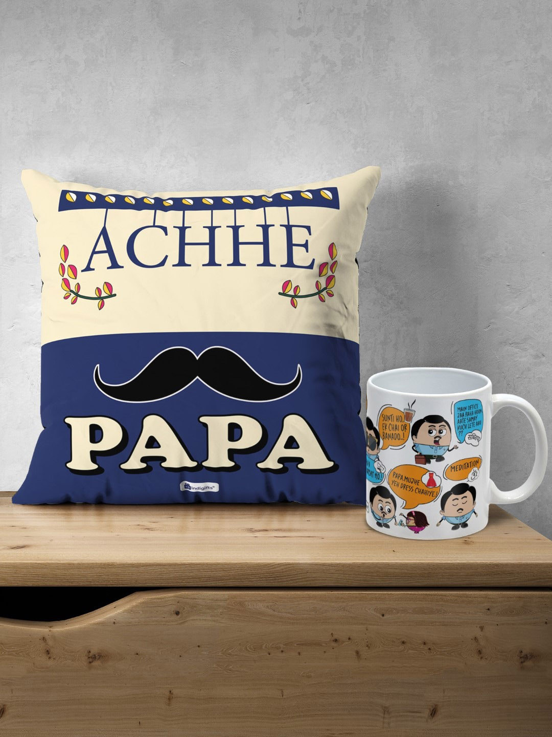 Indigifts Set Of Achhe Papa Print Pre-Filled Cushion & Dialogues Print Ceramic Coffee Mug