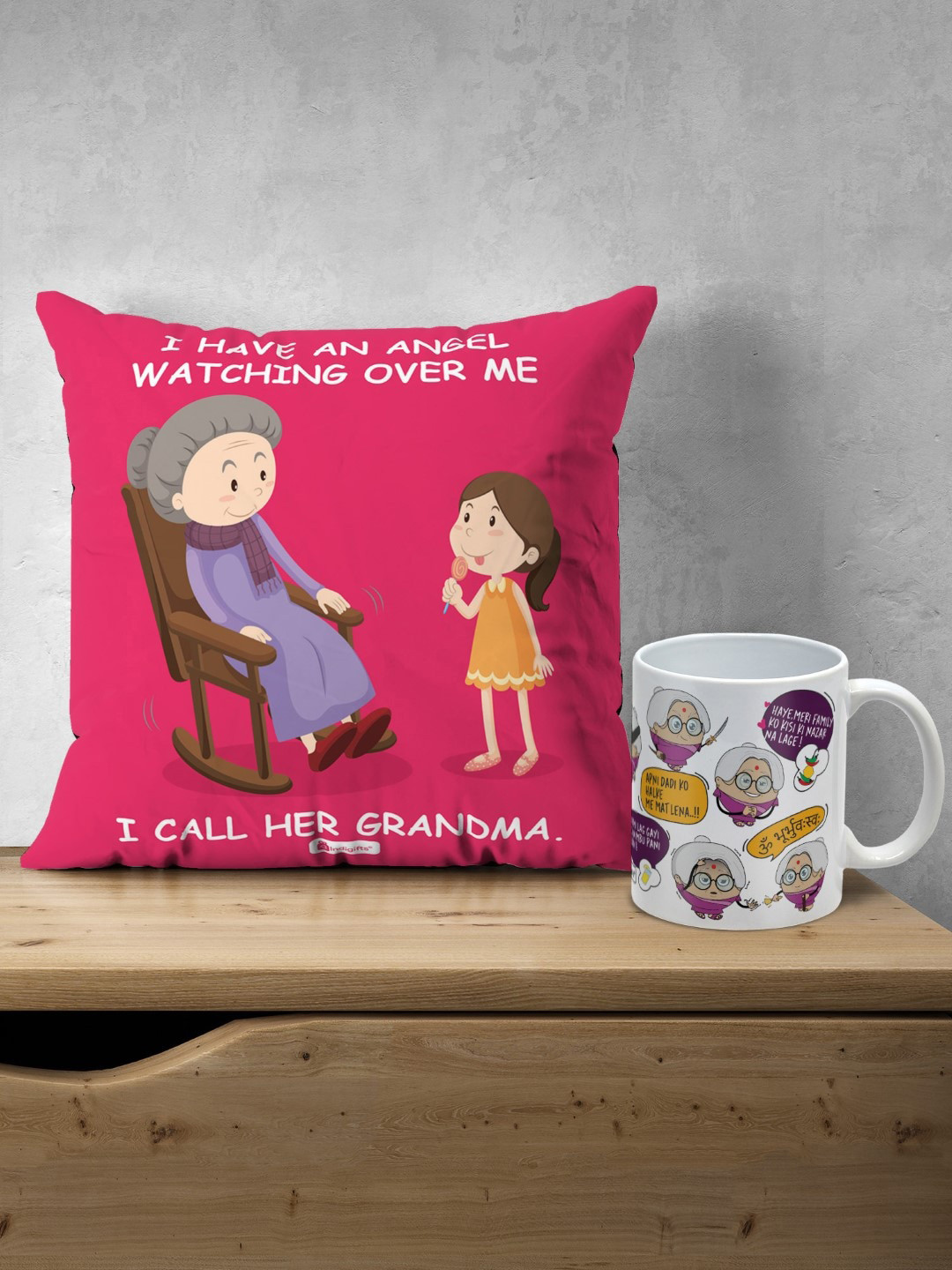 Indigifts I Have an Angel Printed Cushion With Grandma's Dialogues Printed Coffee Mug