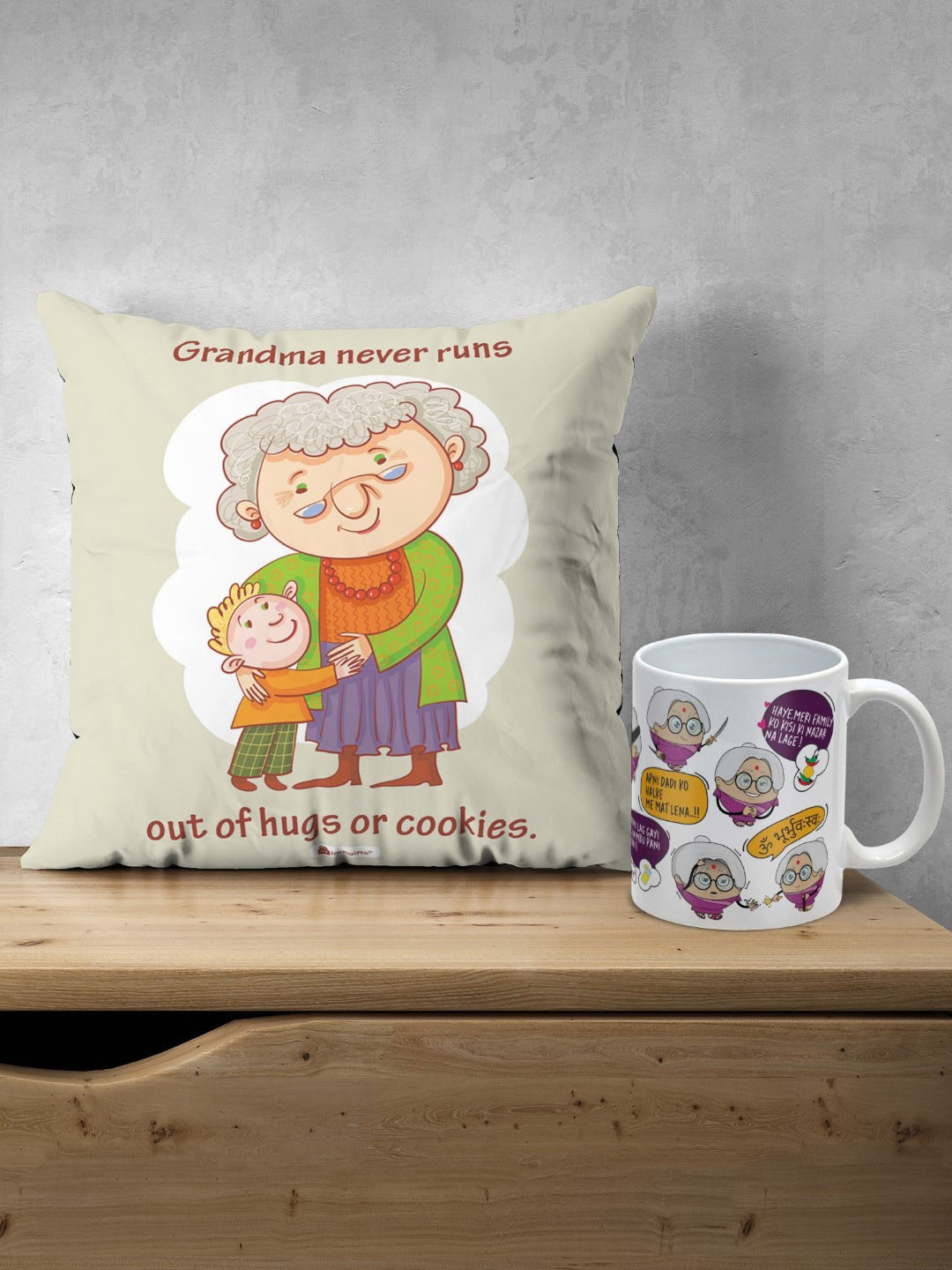 Indigifts Grandma Never Runs Out of Hugs Printed Pre-Filled Cushion & Ceramic Mug
