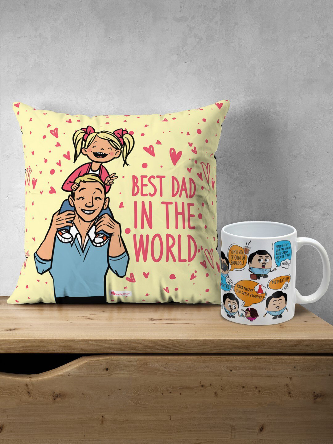 Indigifts Best Dad In the World Printed Cushion and Dialogues Printed Ceramic Coffee Mug