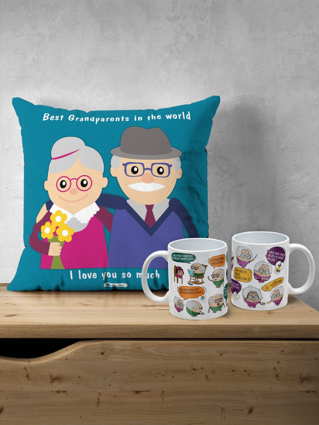 Indigifts Best Grandparents in the World Cushion & Dialogues Print Set of 2 Coffee Mugs