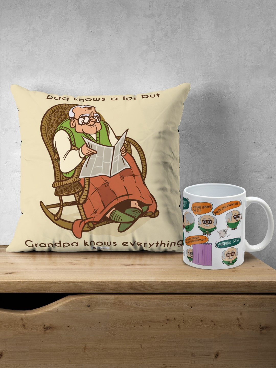 Indigifts Grandpa Knows Everything Print Cushion & Grandpa's Dialogue Print Coffee Mug Set