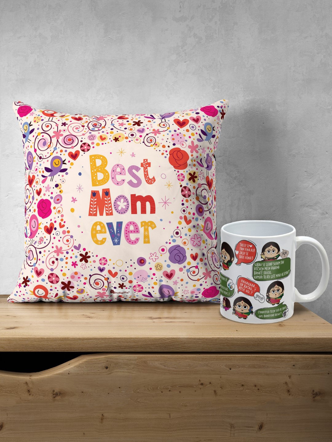 Indigifts Best Mom Ever Printed Cushion & Dialogues Printed Ceramic Coffee Mug
