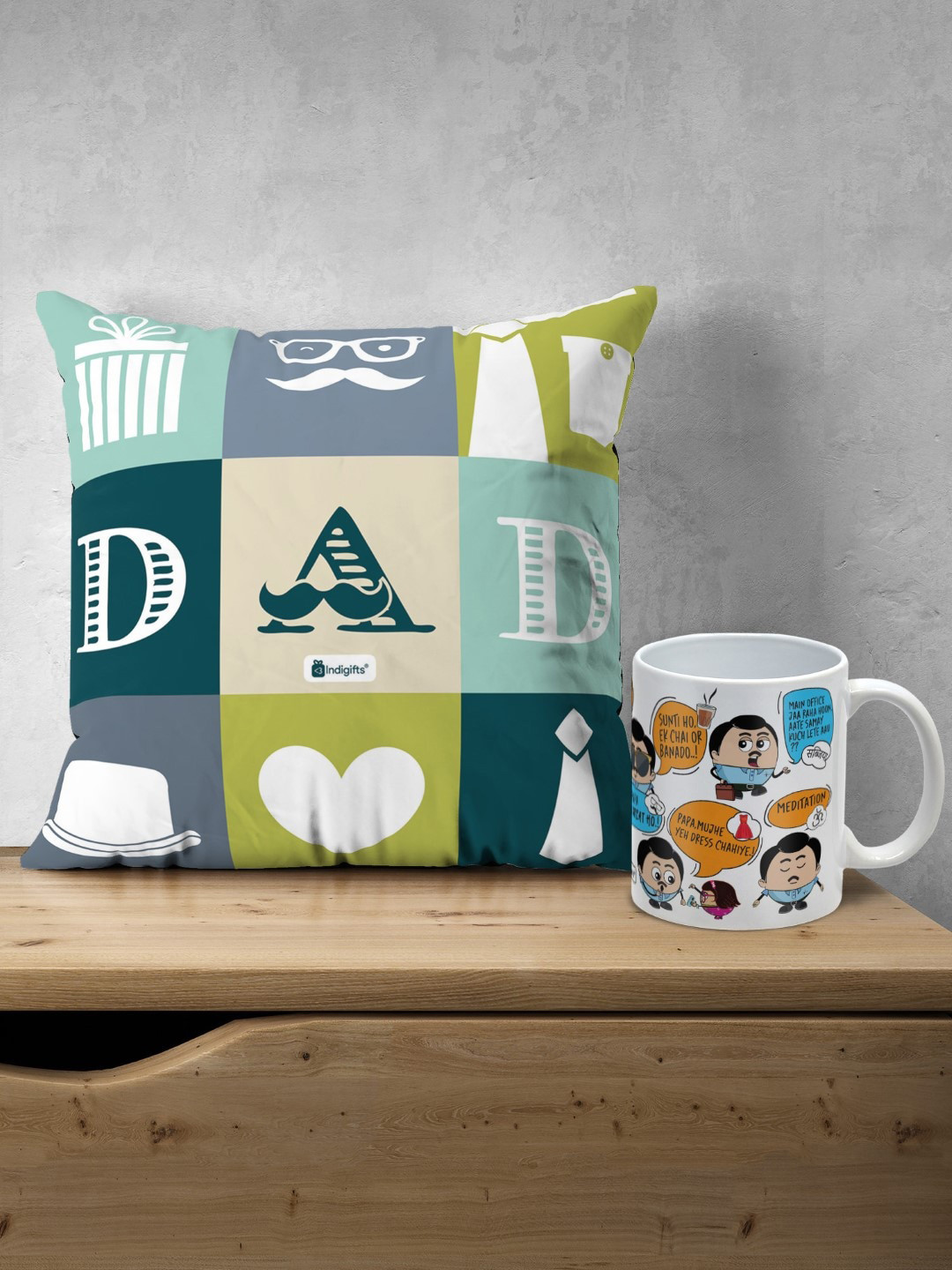 Indigifts Dad's Printed Cushion with Dad's Dialogues Printed Ceramic Coffee Mug