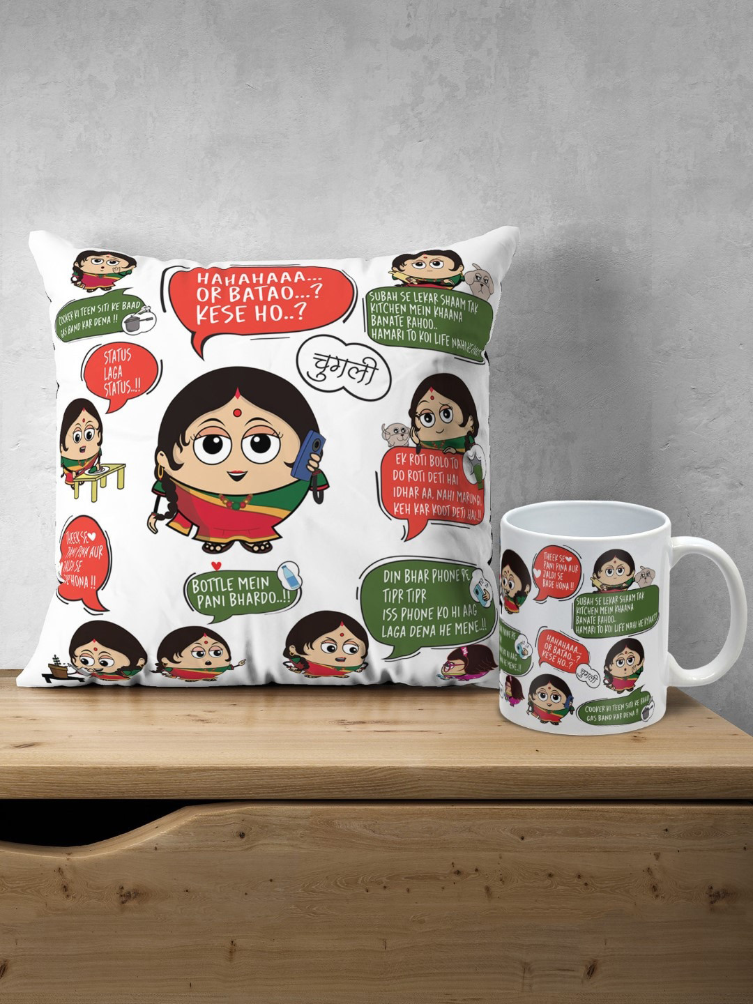 Indigifts Mom Dialogue's Printed Pre-Filled Cushion with Ceramic Coffee Mug