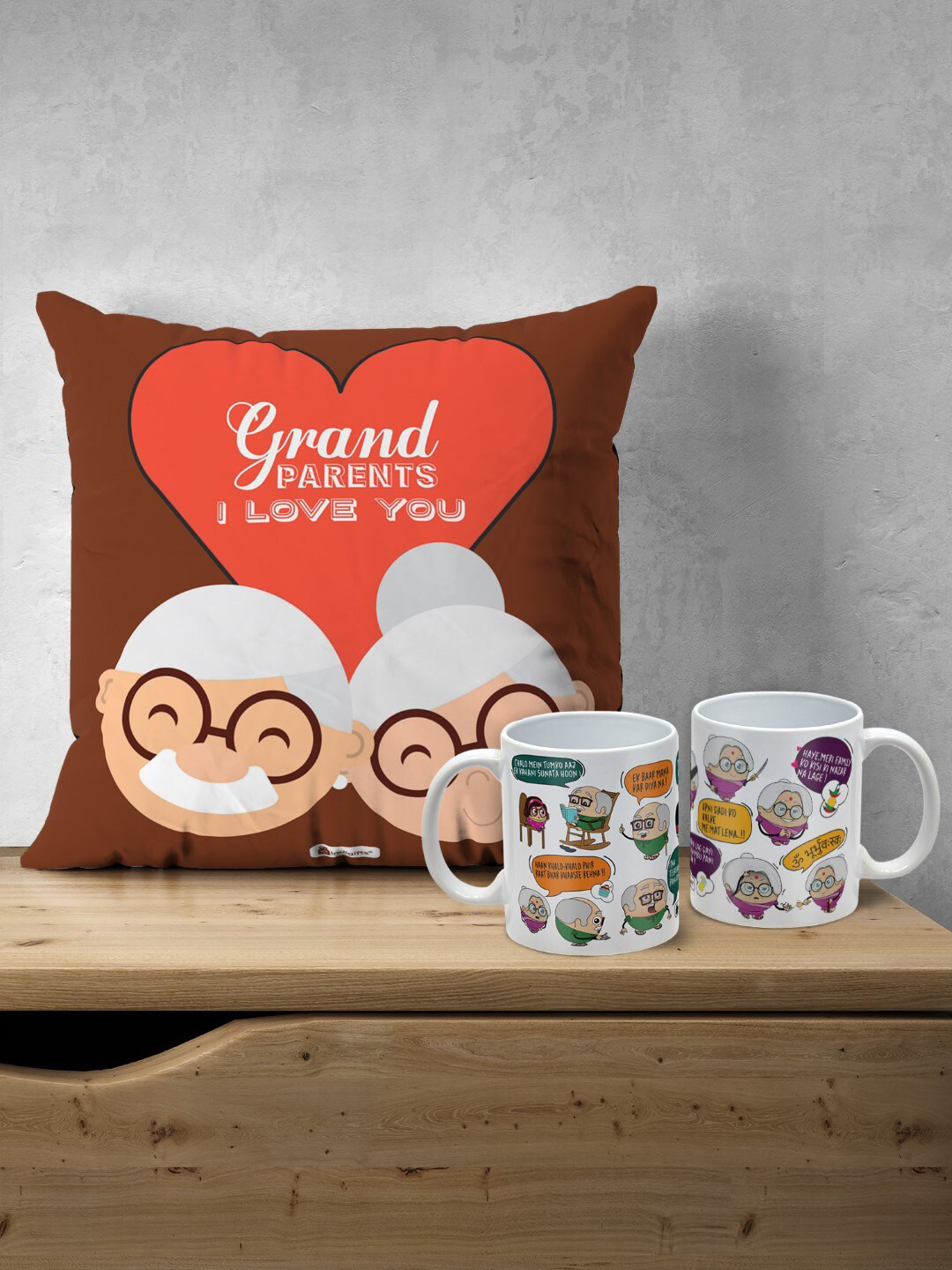 Indigifts Set of 2 Ceramic Coffee Mugs With Grandparents I Love You Pre-Filled Cushion