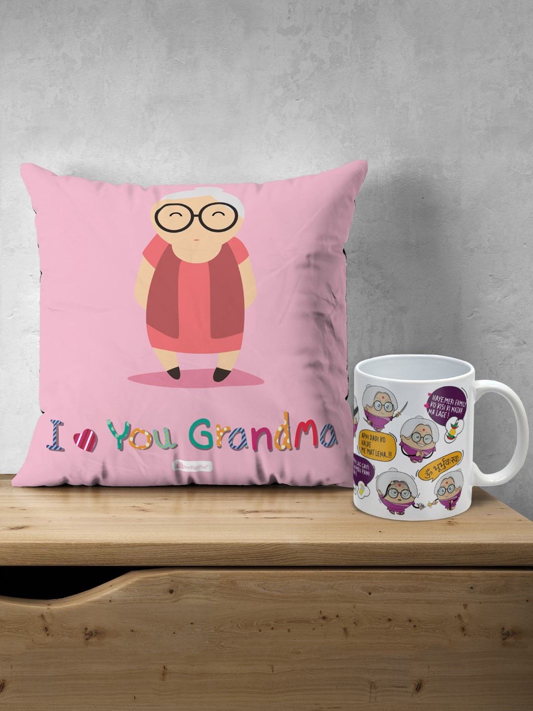 Indigifts I love You Grandma Printed Pre-Filled Cushion & Dialogues Printed Coffee Mug