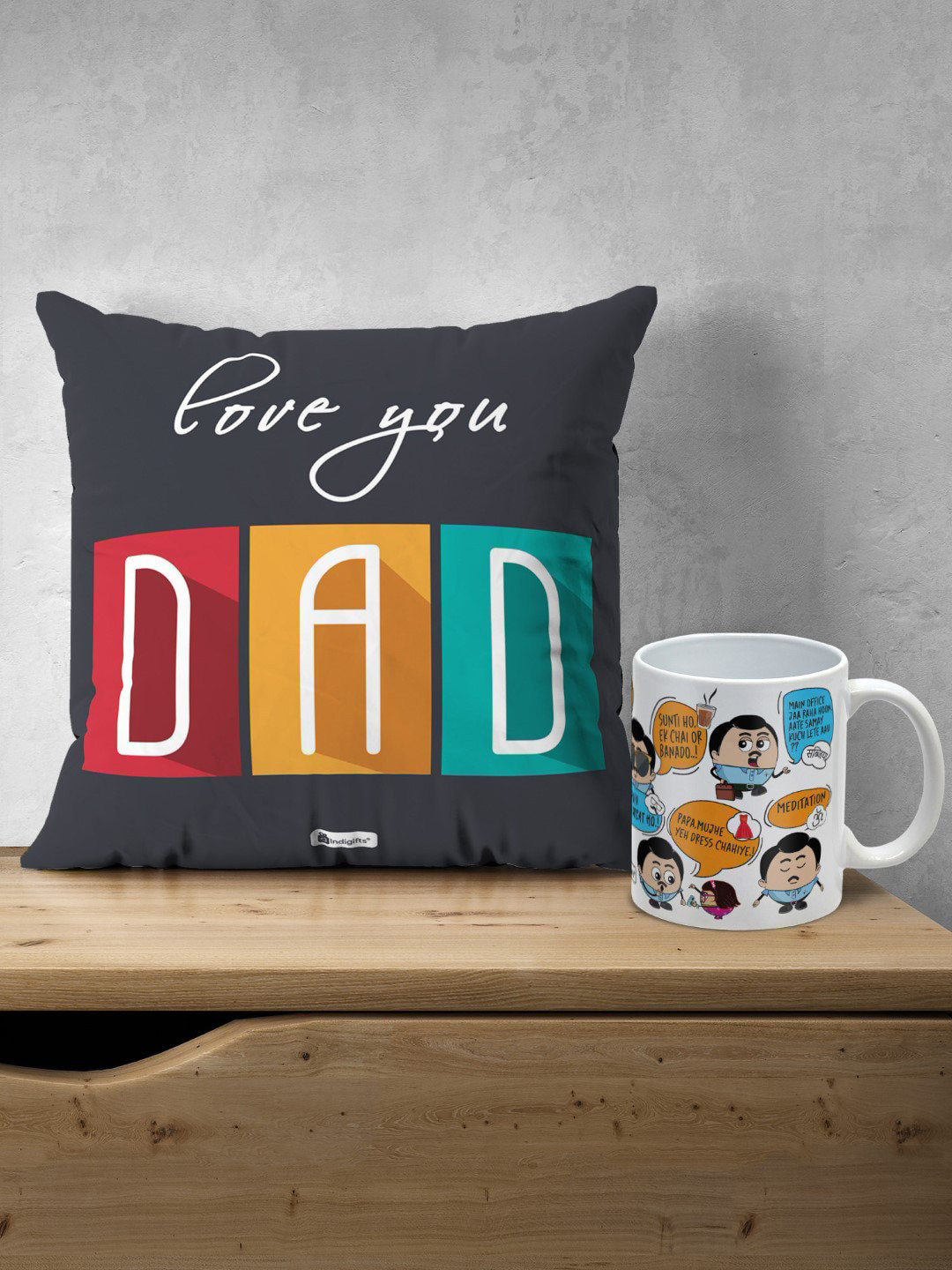 Indigifts Love You Dad Pre-Filled Cushion with Dad's Dialogues Printed Ceramic Coffee Mug