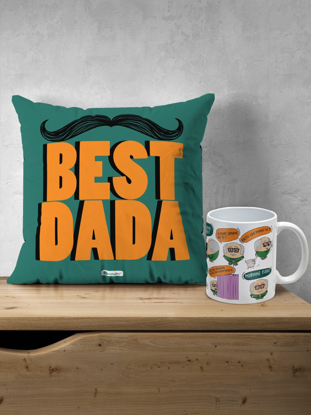 Indigifts Printed Pre-Filled Cushion with Grandpa Dialogues Printed Ceramic Coffee Mug