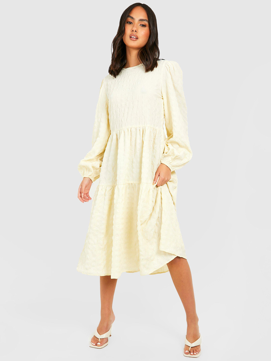 Boohoo Seersucker Tiered A-Line Midi Dress