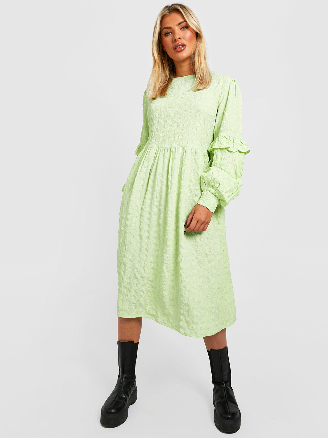 Boohoo Textured Effect Puff Sleeve A-Line Midi Dress