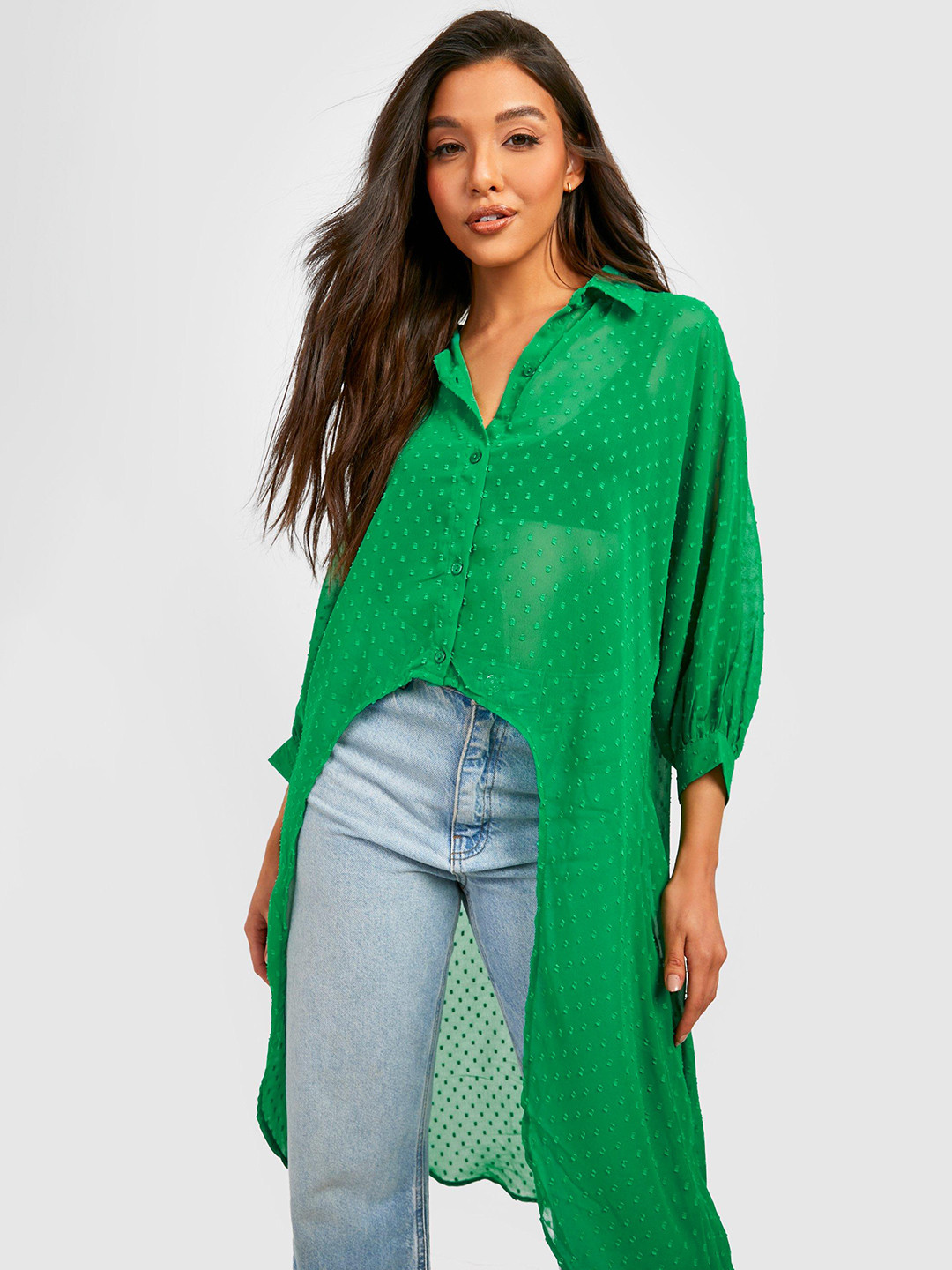 Boohoo Dobby Weave High-Low Semi Sheer Casual Shirt
