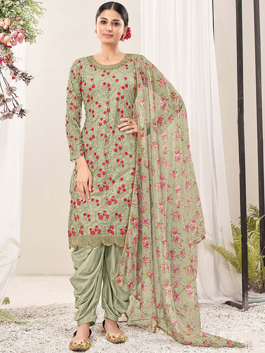 ODETTE Floral Embroidered Semi Stitched Kurta With Patiala Dupatta