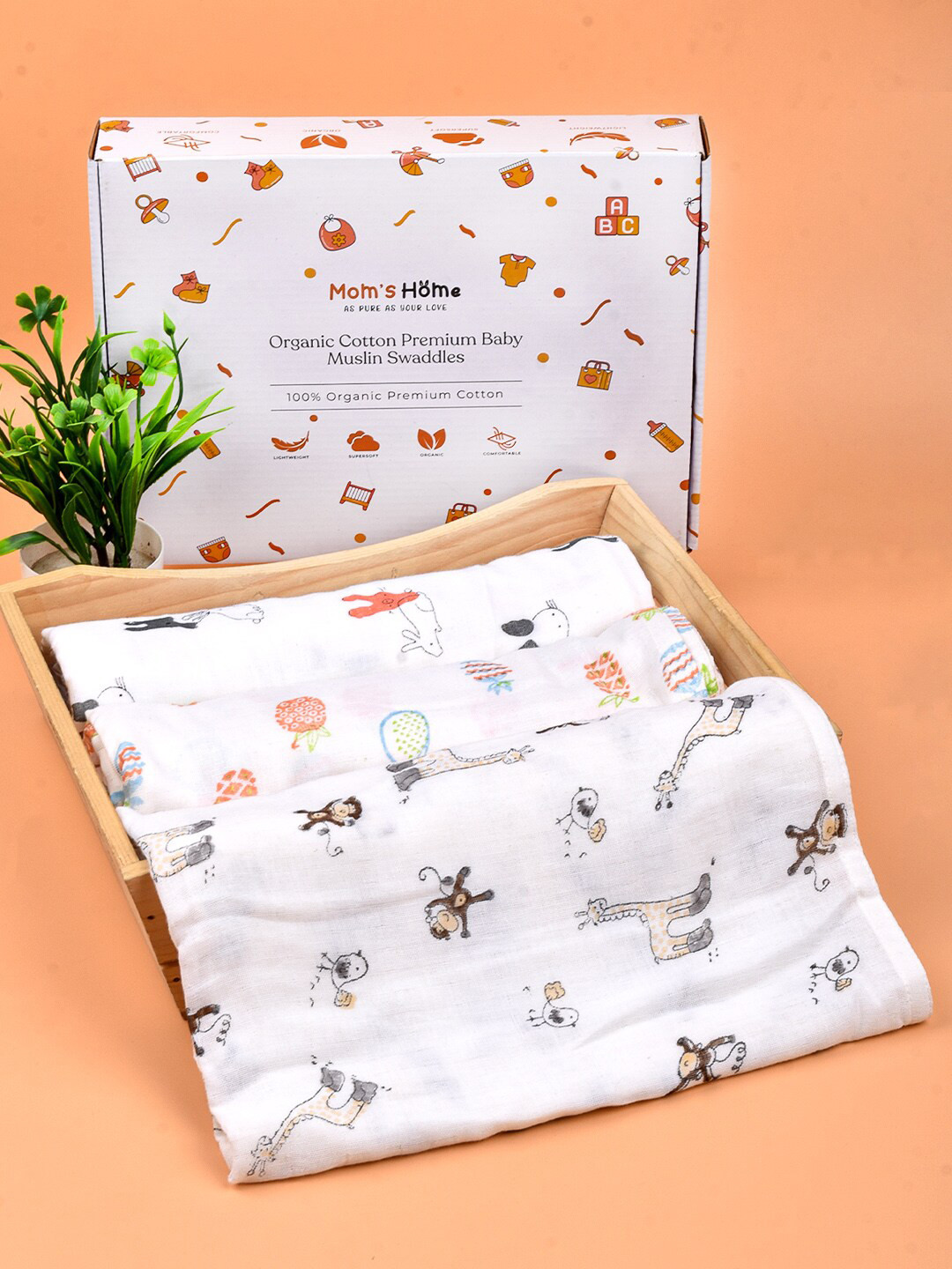 Moms Home Infants Set of 3 Printed Organic Cotton Supersoft Baby Muslin Swaddles