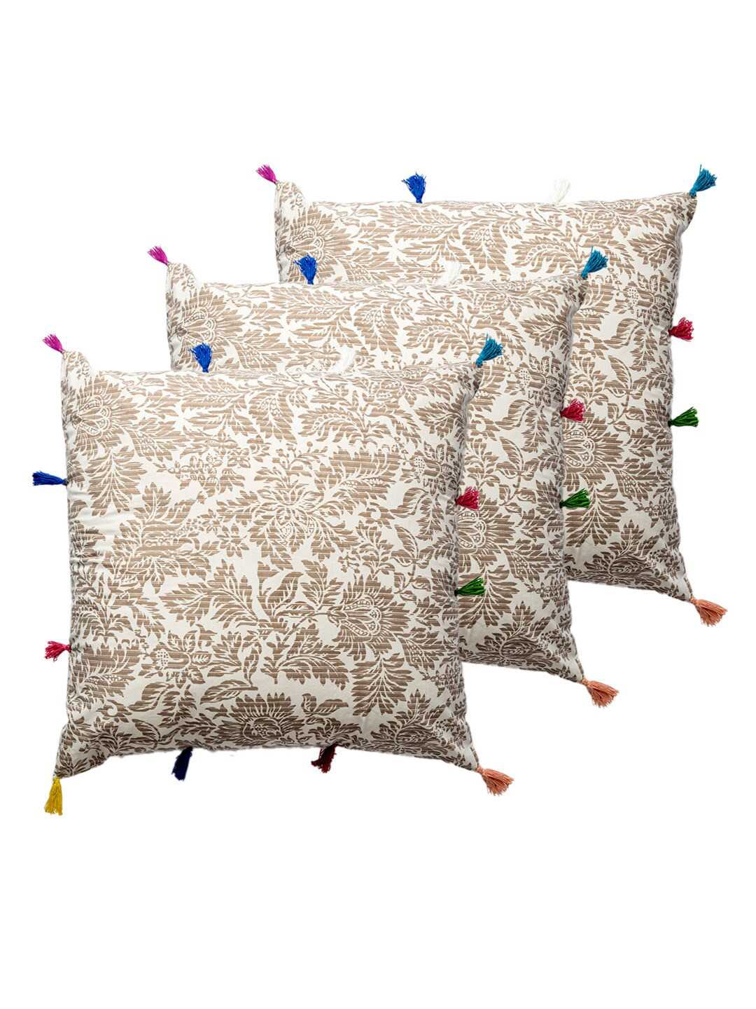 Contrast Living Brown Floral Cotton 3 Piece Textured Square Cushion Covers -18x18In