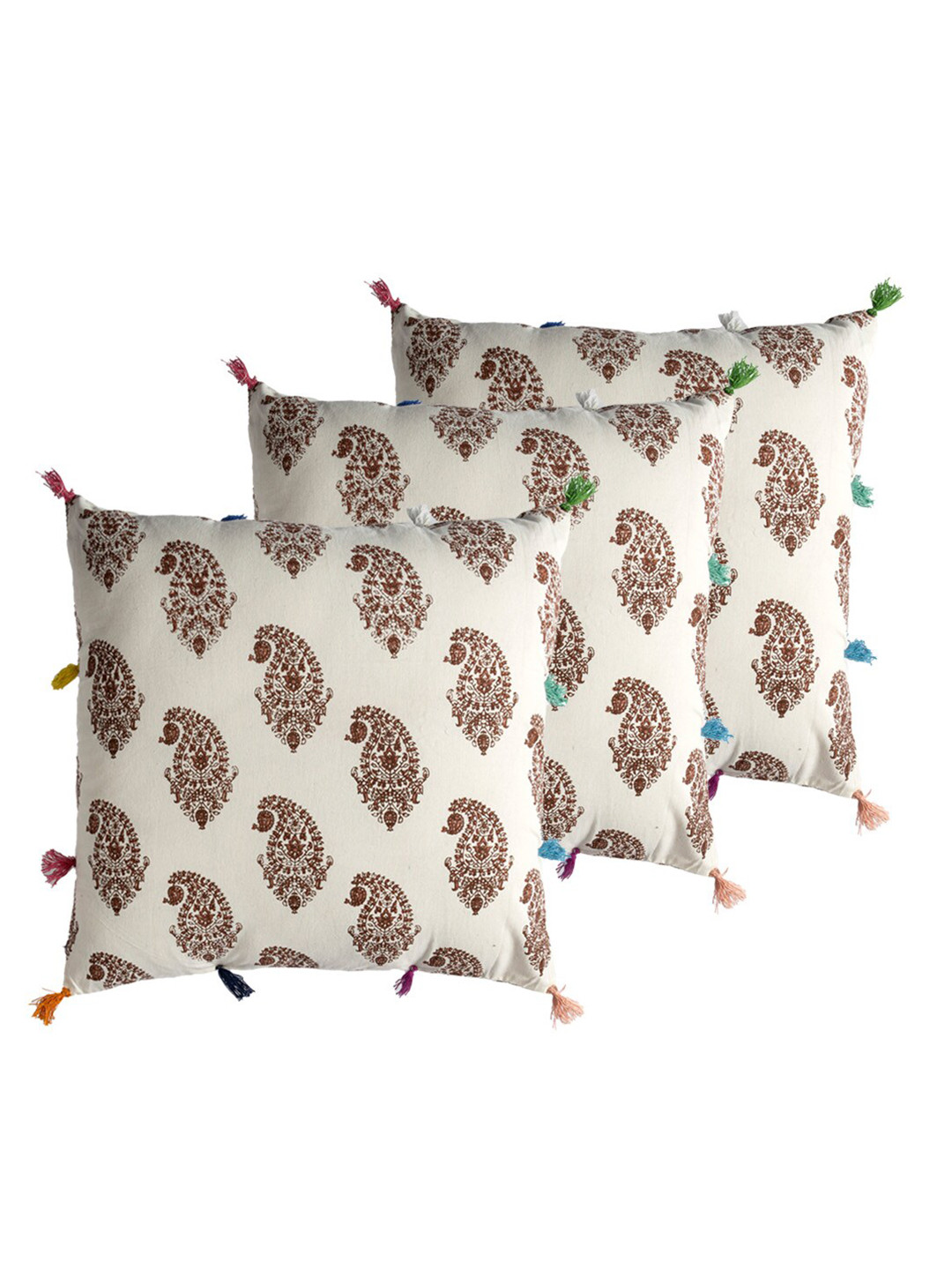 Contrast Living Cream Ethnic Motifs Cotton 3 Piece Square Cushion Covers -16x16In