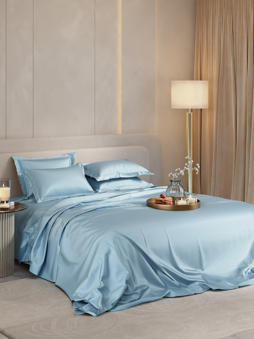 Stoa Paris Date Night Collection Blue Poly Satin 300 TC King Fine Bedsheet -60 x 78 inches
