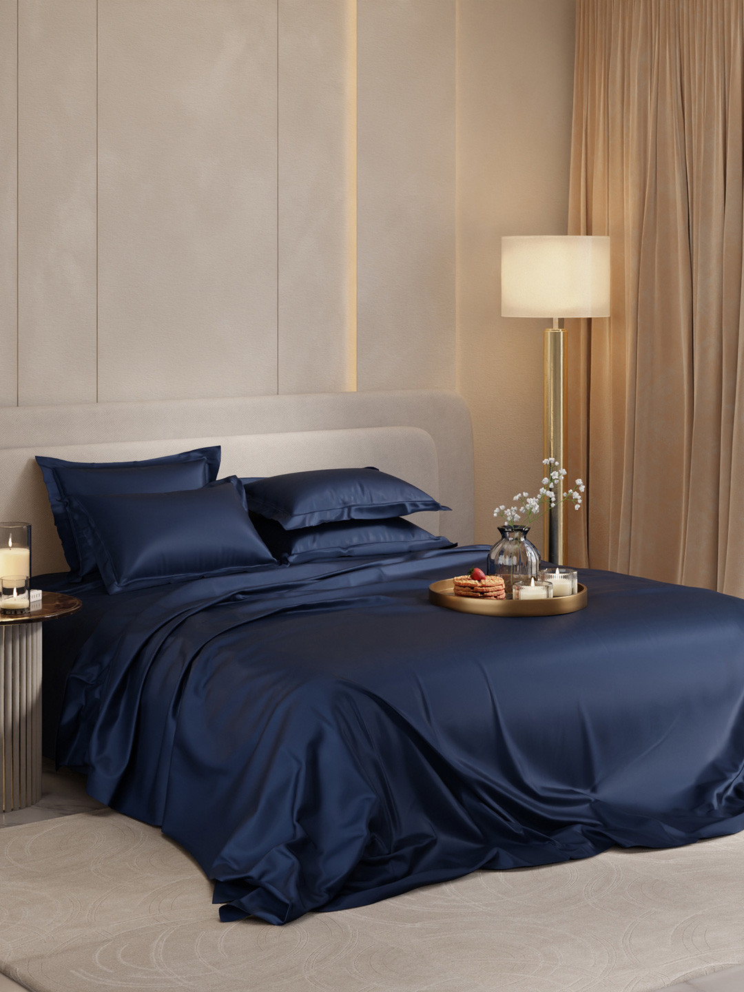 Stoa Paris Date Night Collection Blue Sateen 300 TC Super King Bedsheet-108 x 108 inches