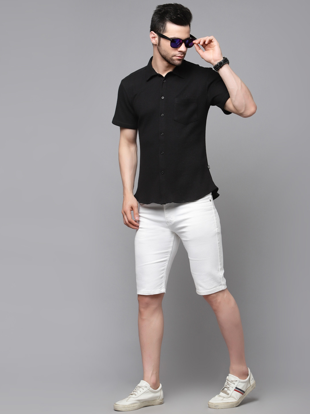 Rigo Men Black Slim Fit Waffle Textured Cotton Knit Casual Shirt