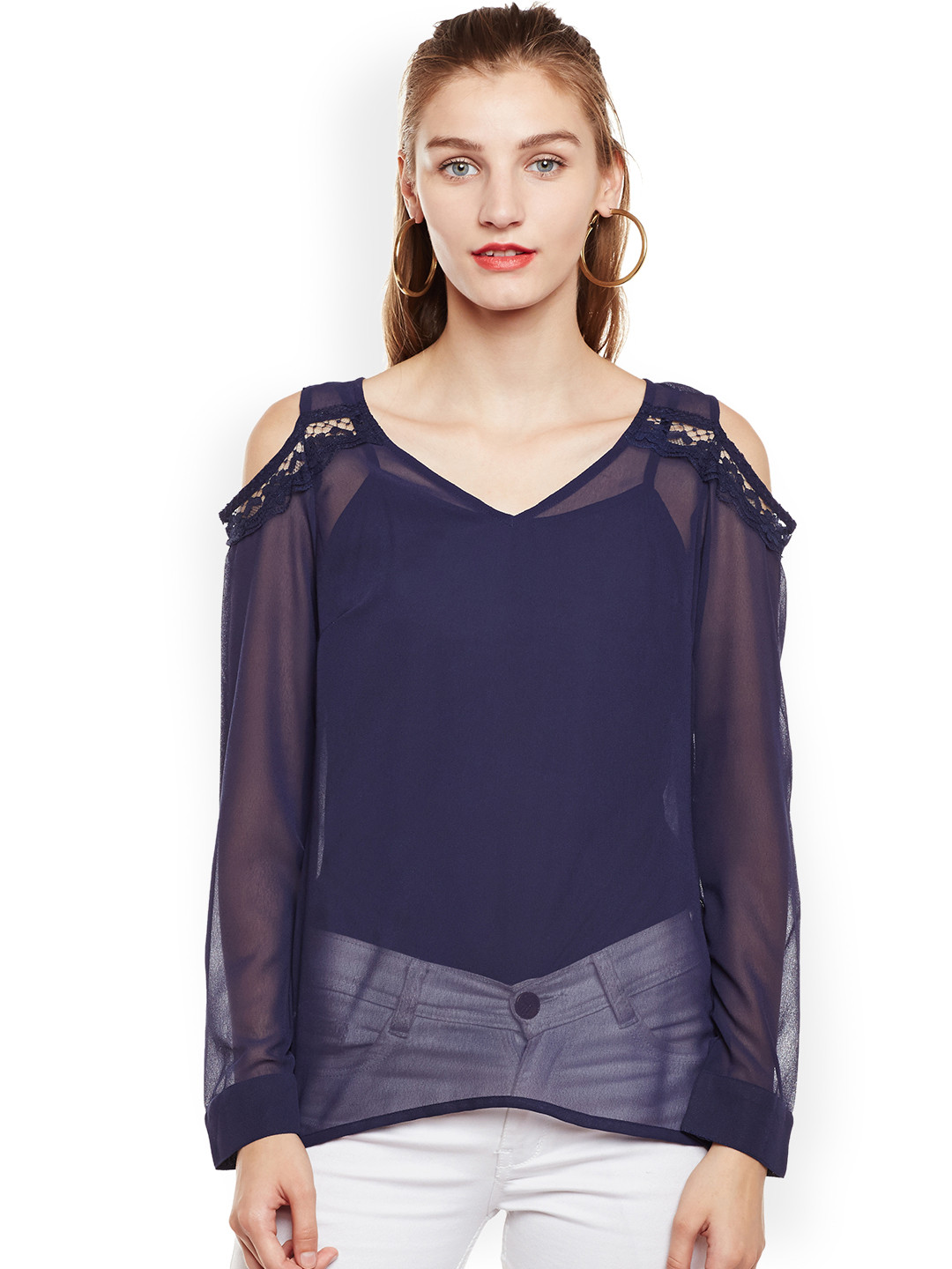 Oxolloxo Women Navy Blue Sheer Top