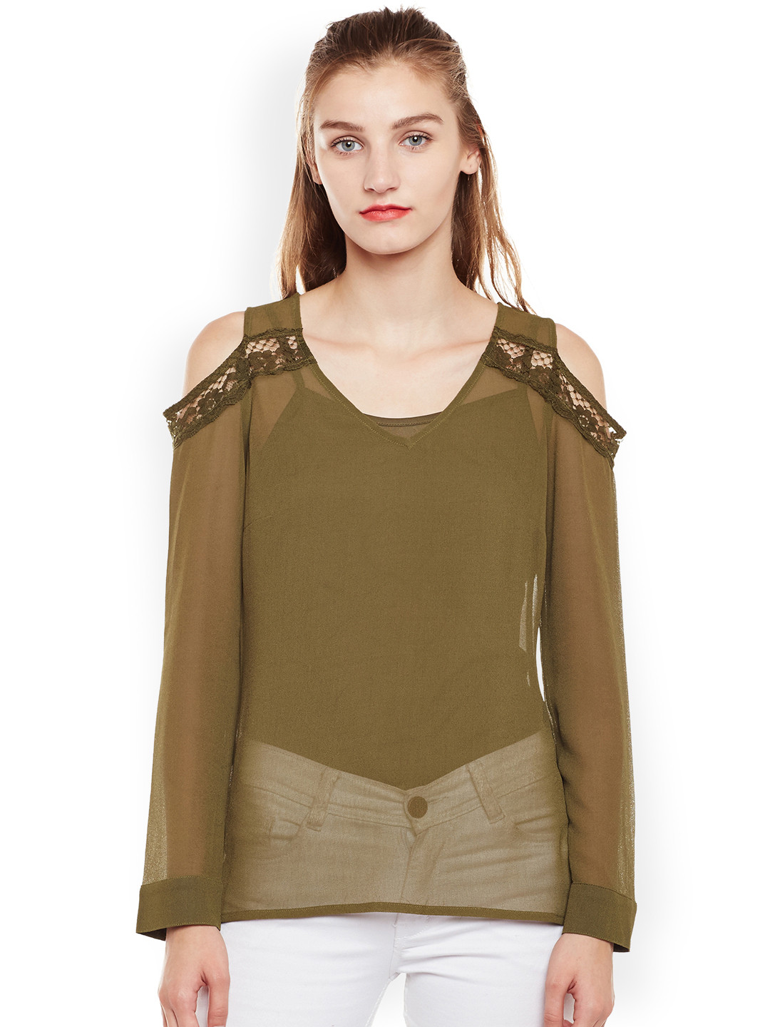 Oxolloxo Women Olive Green Solid Sheer Top