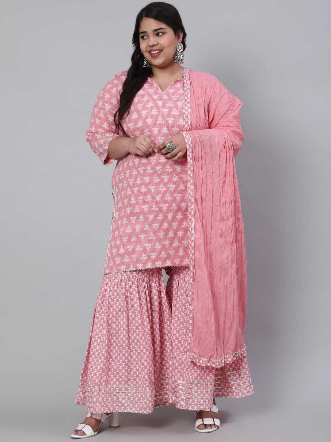 Jaipur Kurti Plus Size Printed Notched Neck Pure Cotton Kurti With Sharara & Dupatta