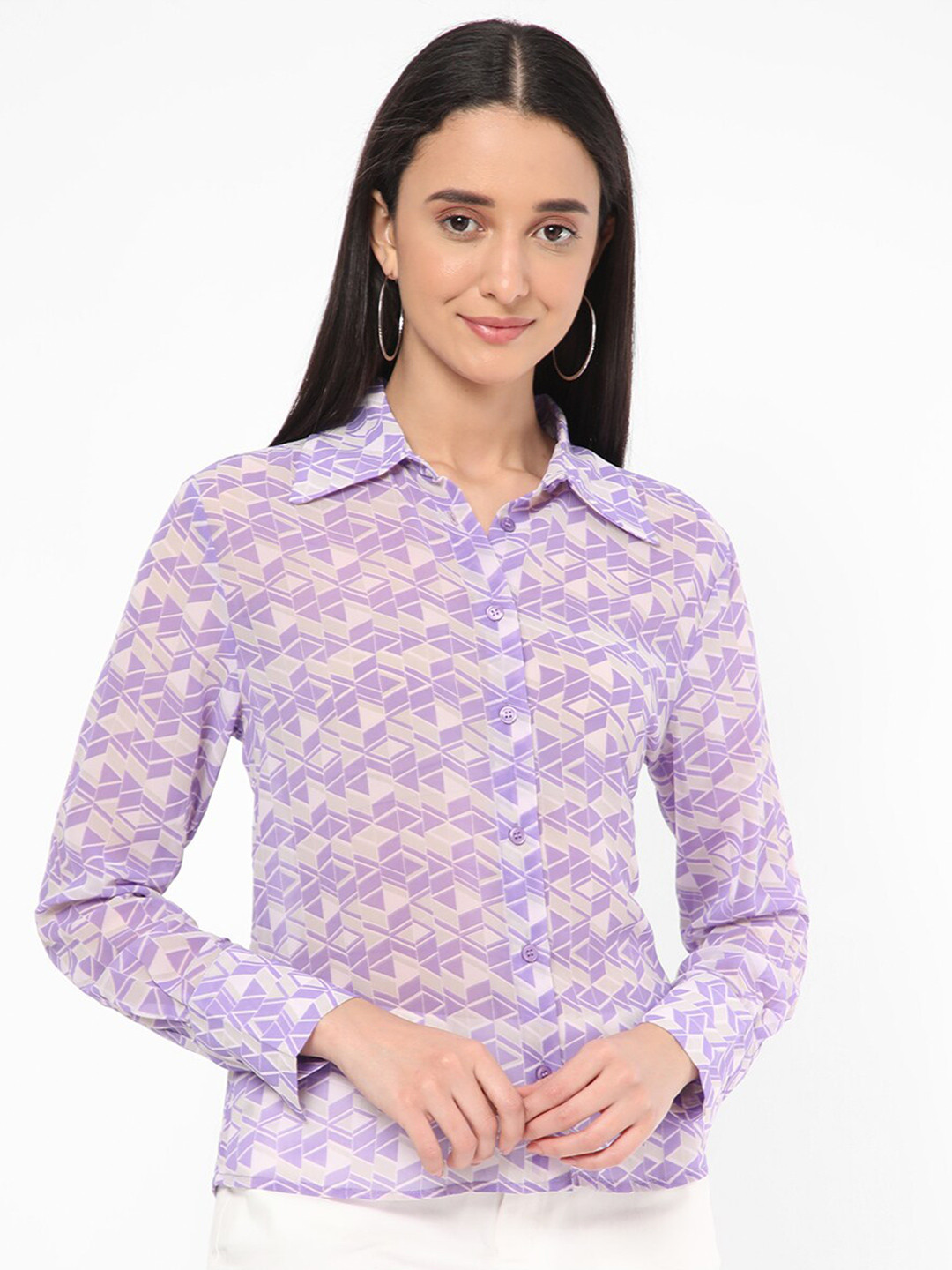 R&B Geometric Printed Cuffed Sleeves Shirt Style Top