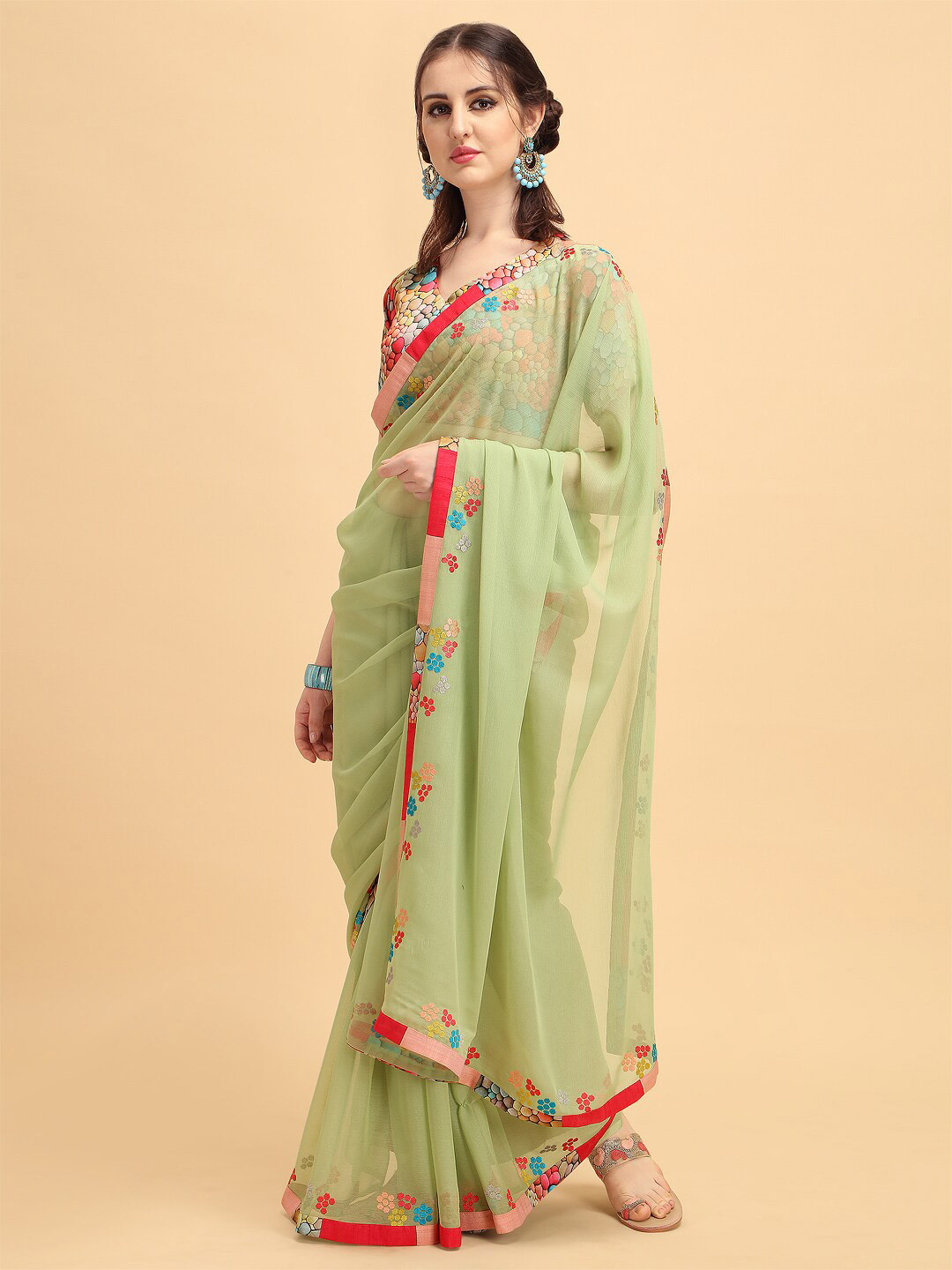 Sangria Printed Border Detail Pure Georgette Saree With Blouse Piece