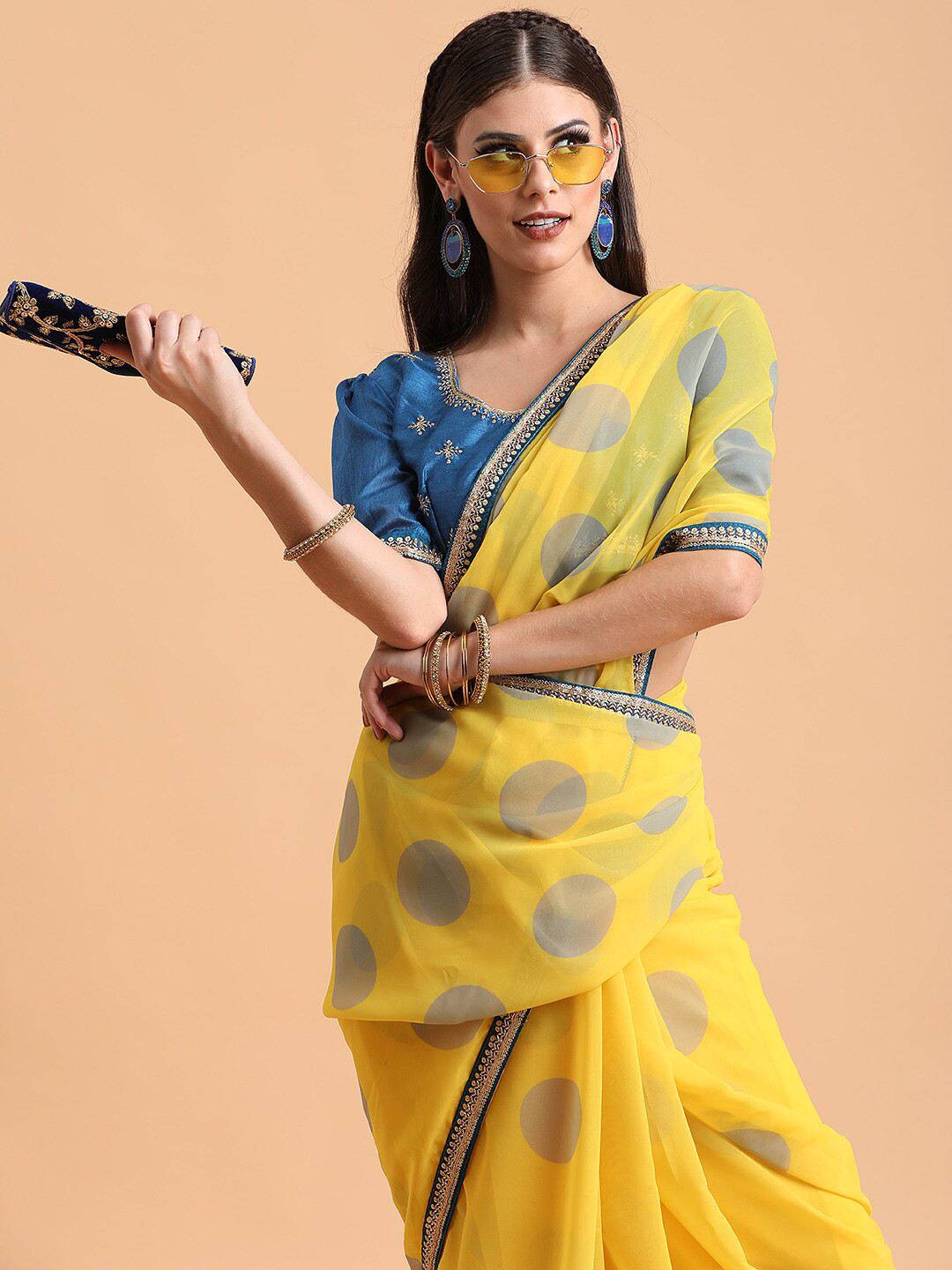 Sangria Polka Dots Printed Embroidered Border Saree