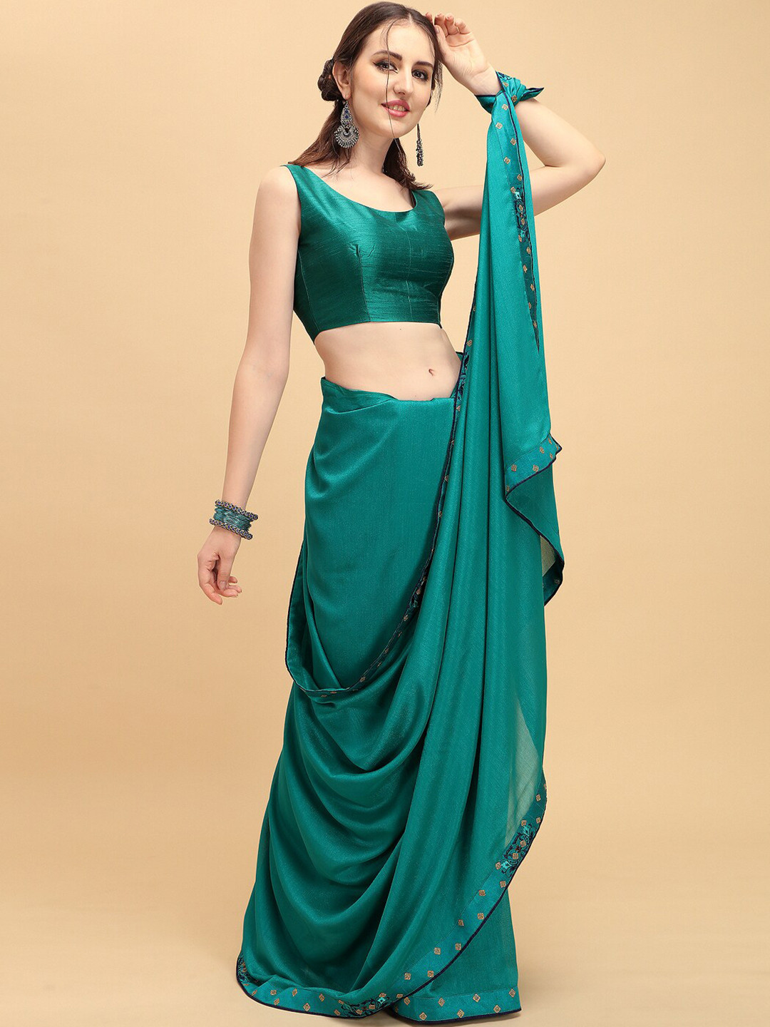 Sangria Embroidered Border Detail Saree With Blouse Piece