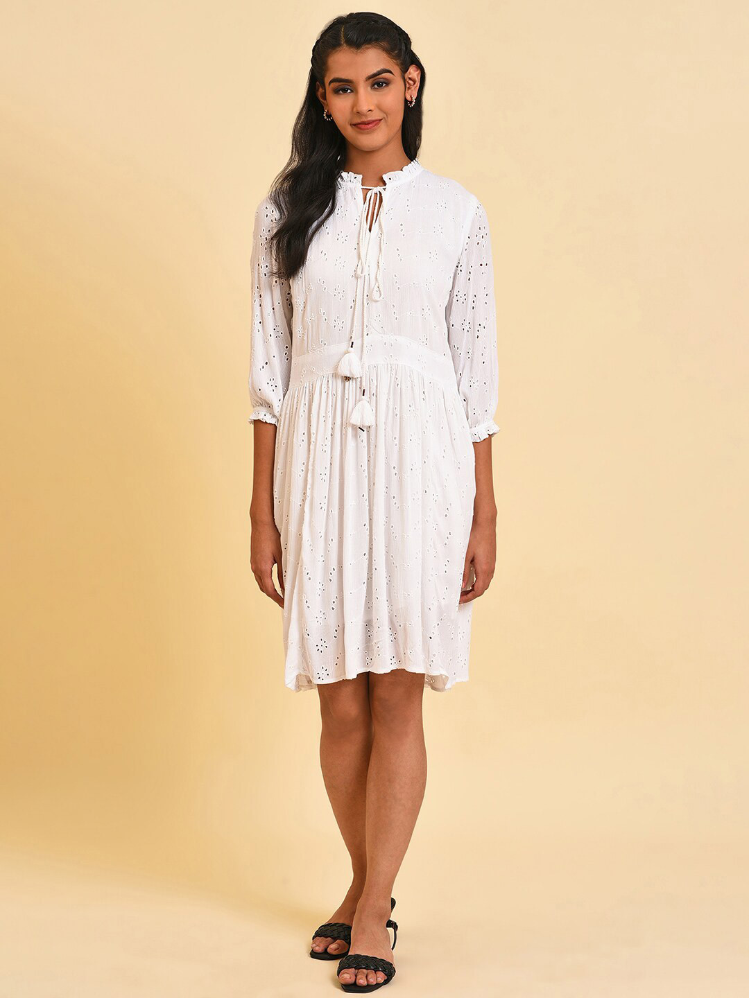 W Self Design Tie-Up Neck Schiffli Fit & Flare Dress