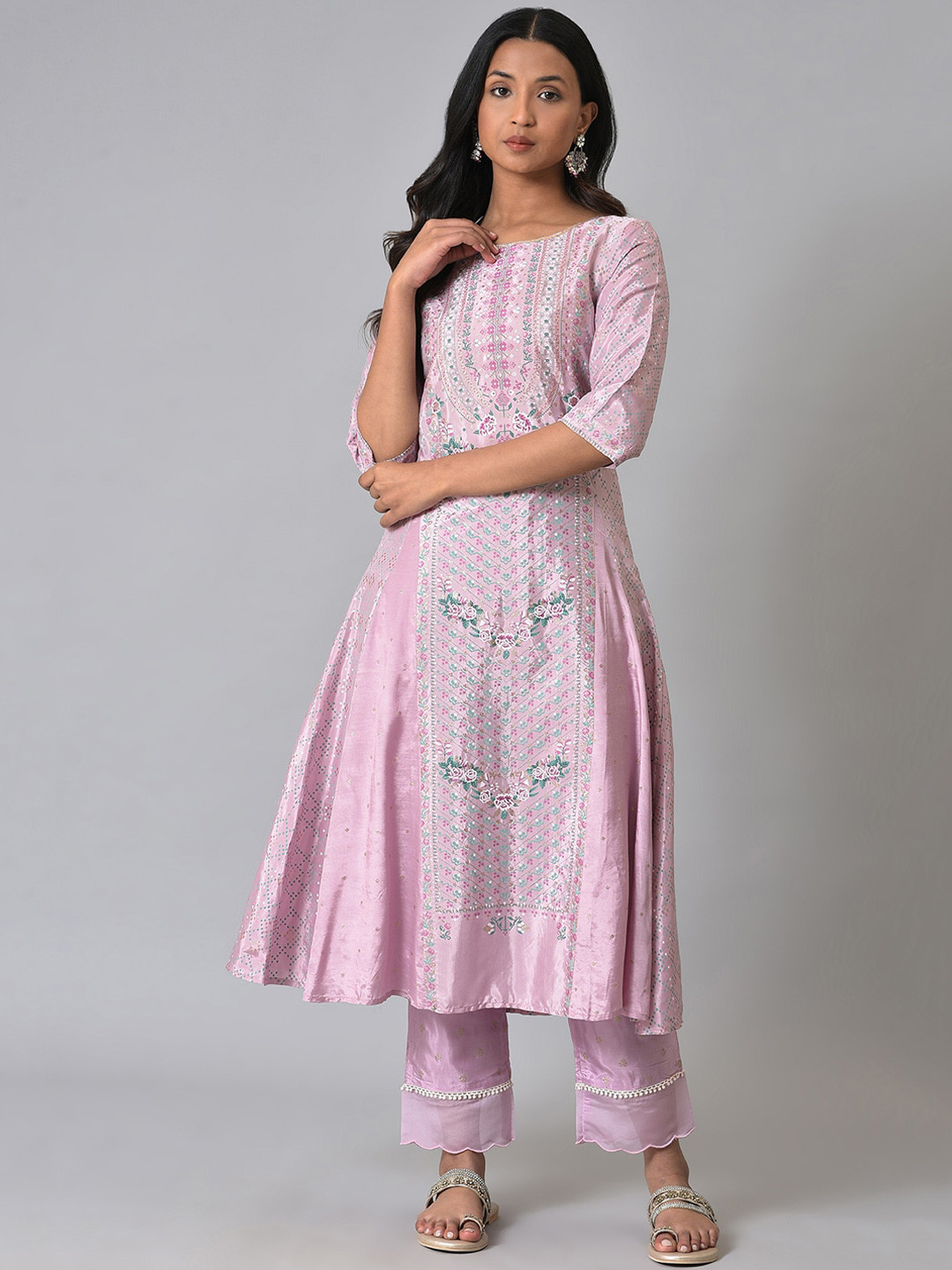W Floral Printed Round Neck A-Line Kurta