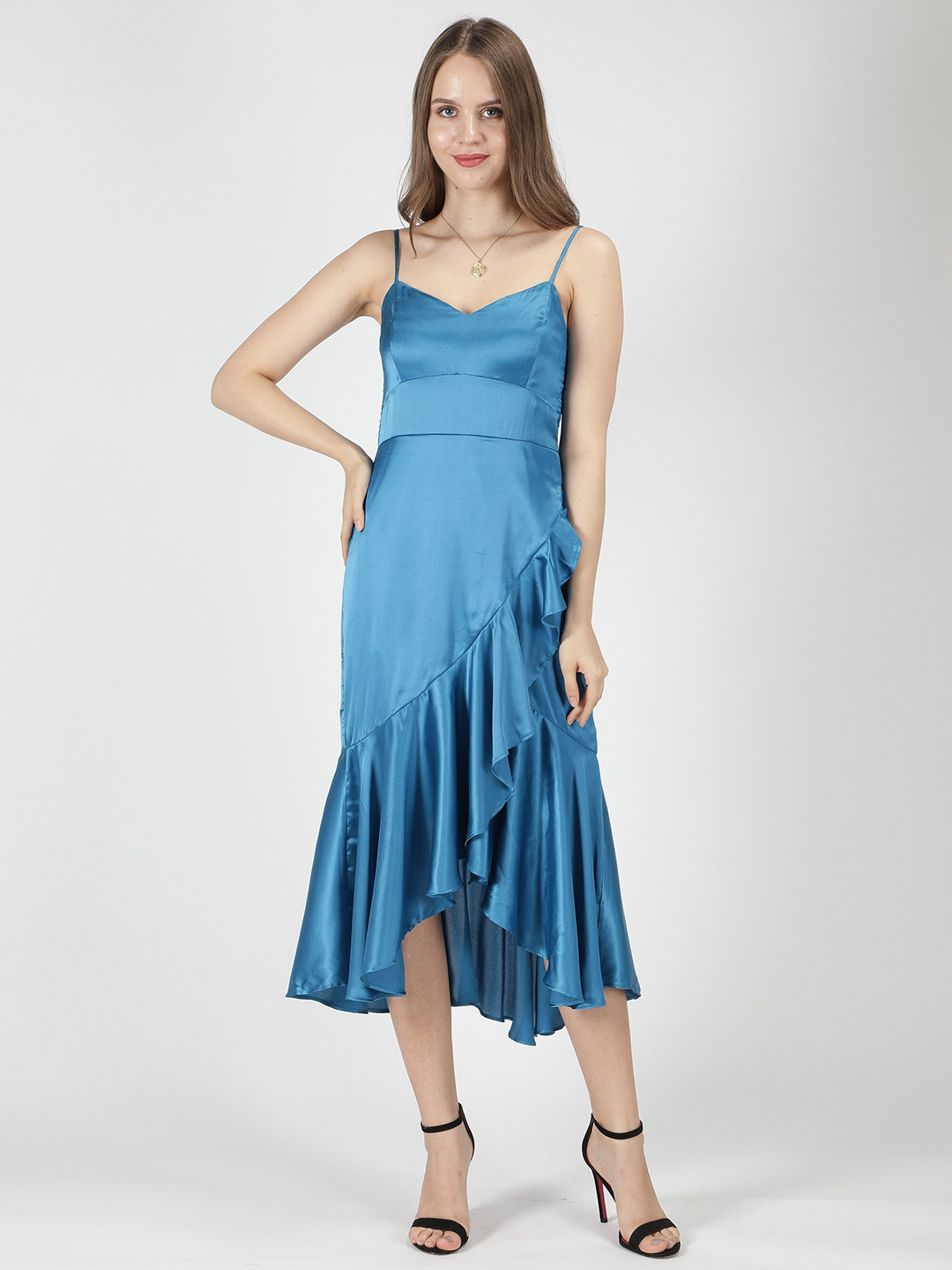NUEVOSDAMAS Tie and Dye Blue Shoulder Straps Tulip Ruffled Georgette A-Line Midi Dress