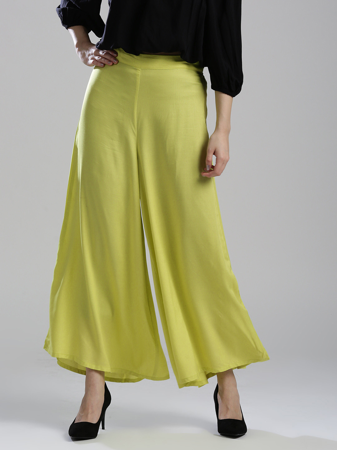 W Women Lime Green Flared Solid Palazzos