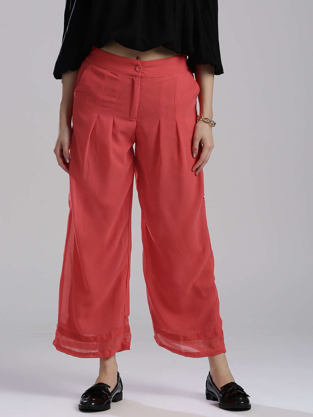 Wishful by W Women Coral Pink Wishful by Wide Leg Solid Palazzos