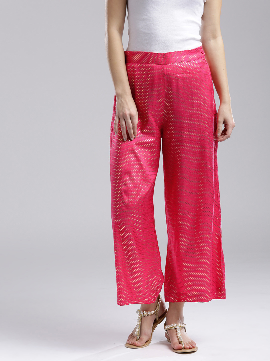 WISHFUL by W Women Pink & Golden Printed WISHFUL by Wide Leg Palazzos